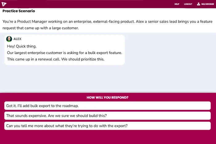 Interactive product management case study for hands-on practice activities